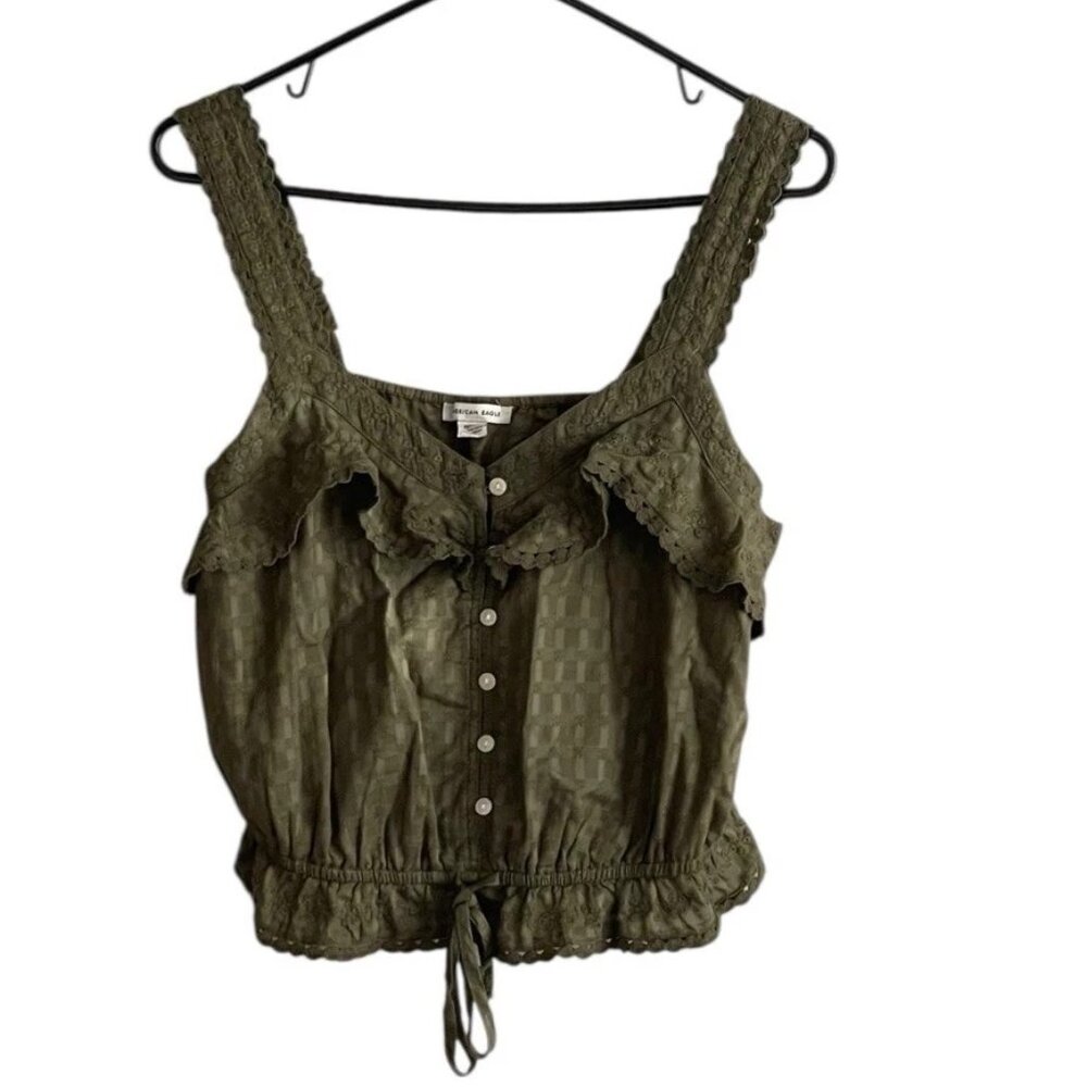 American Eagle Outfitters Olive Green Button Front Embroidered Lace Cami Top